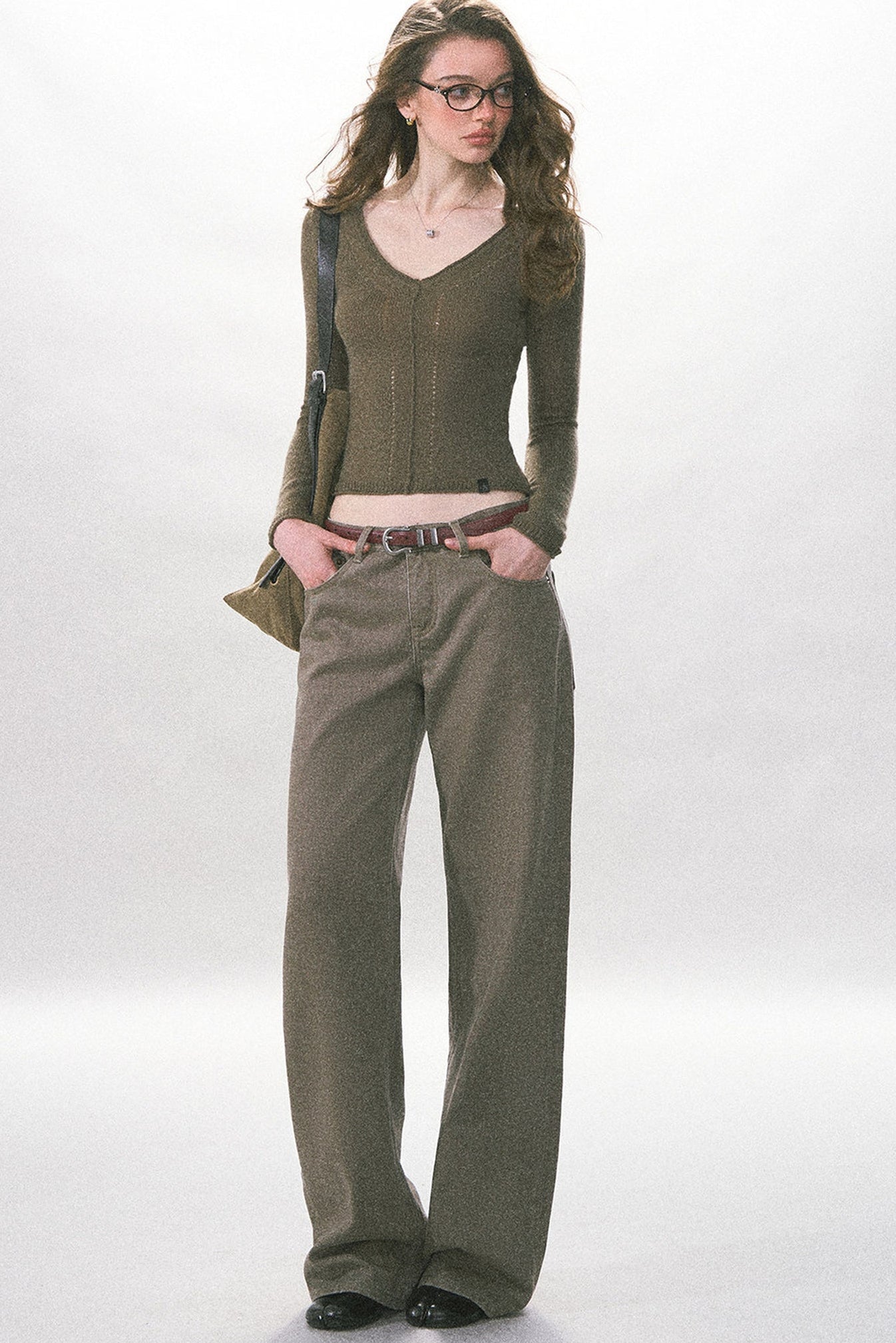 Pantalon rétro à jambes larges en sergé délavé