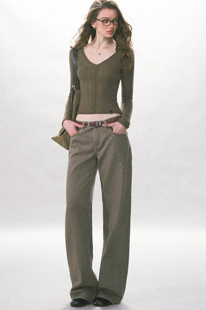 Pantalon rétro à jambes larges en sergé délavé