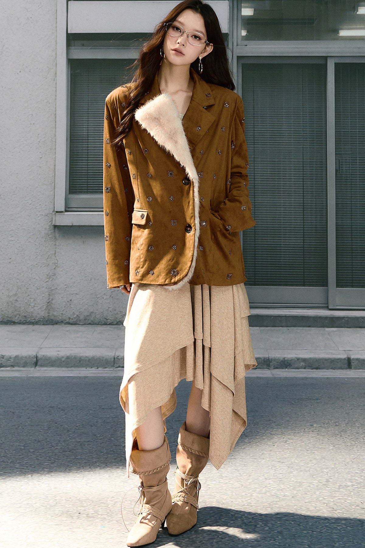 Beaded Suede Detachable Fur Collar Jacket