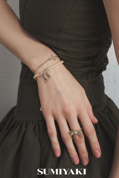 Lace Bow Double-Layered Pearl Bracelet