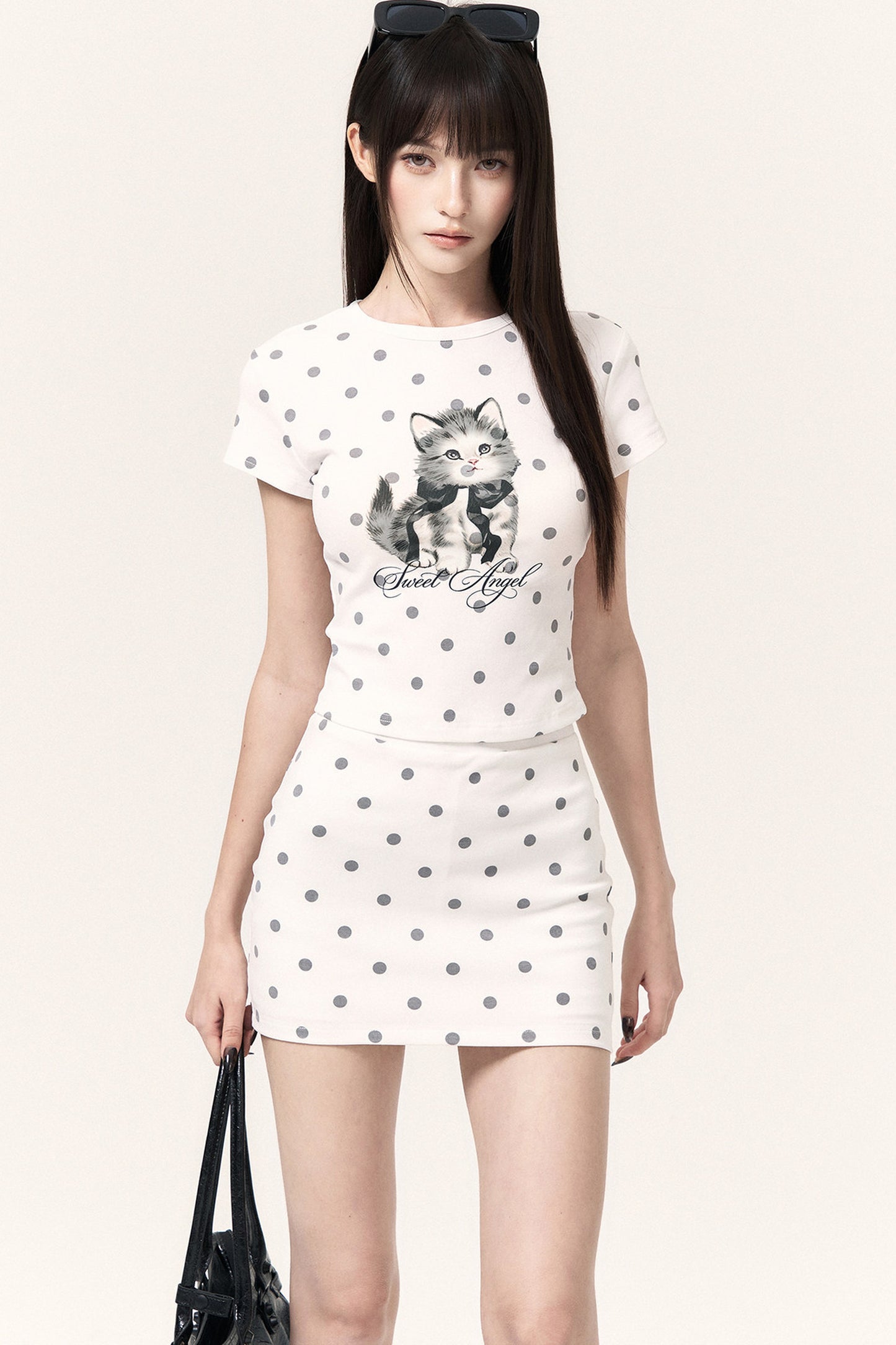 Cat Print Polka Dot Top Pants and Skirt Set-Up