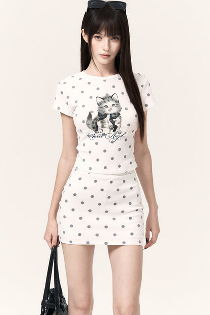 Cat Print Polka Dot Top Pants and Skirt Set-Up