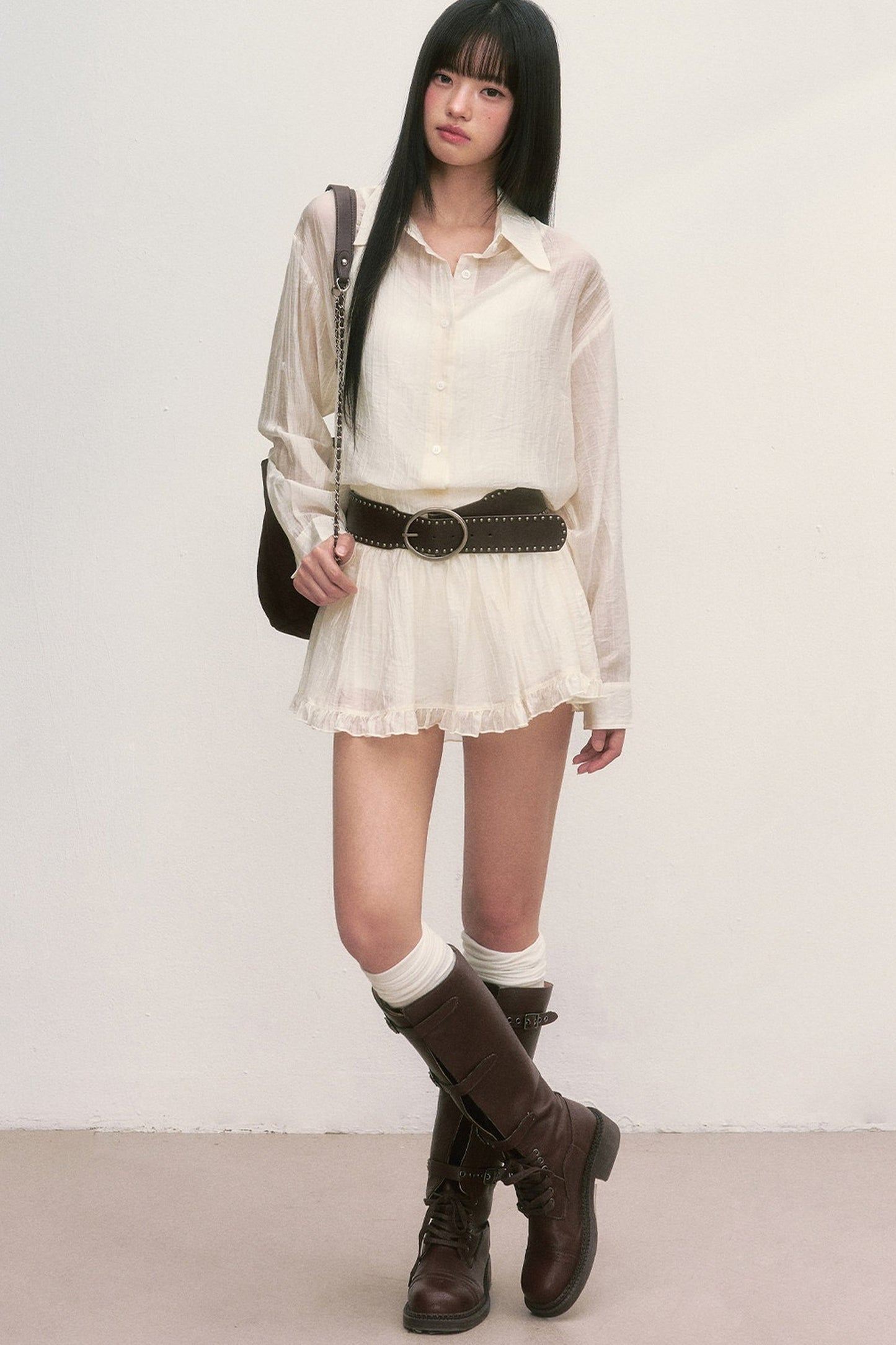 White Long-Sleeved Shirt And Skirt Set