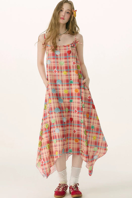 Red Plaid Long Camisole Dress