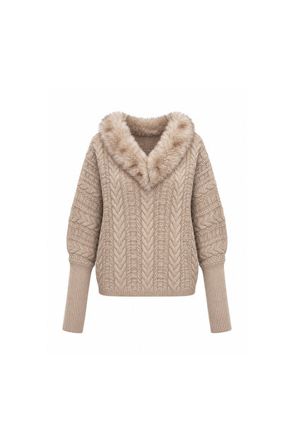 Fur Collar Knit Top and Skirt Set-Up