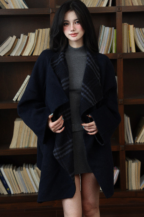 Navy Blue Plaid Reversible Woolen Coat