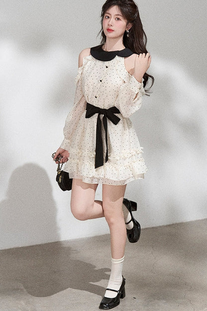 Off-Shoulder Polka Dot Chiffon Dress