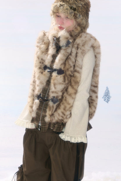 Plaid Leopard Horn Button Vest