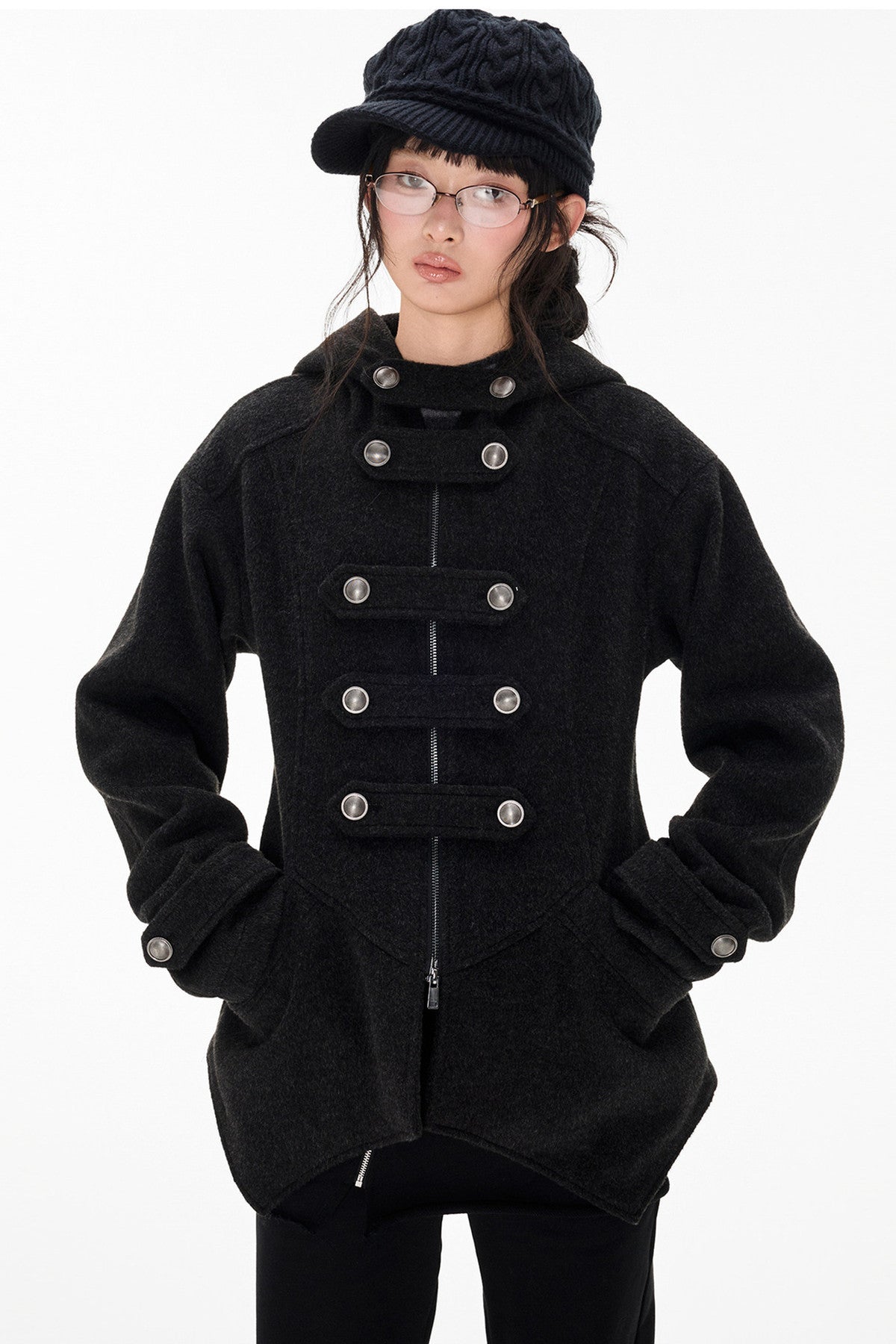 Woolen Hooded Irregular Hem Jacket