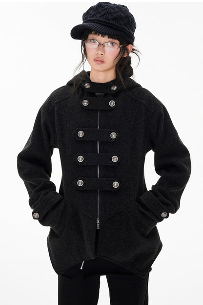 Woolen Hooded Irregular Hem Jacket