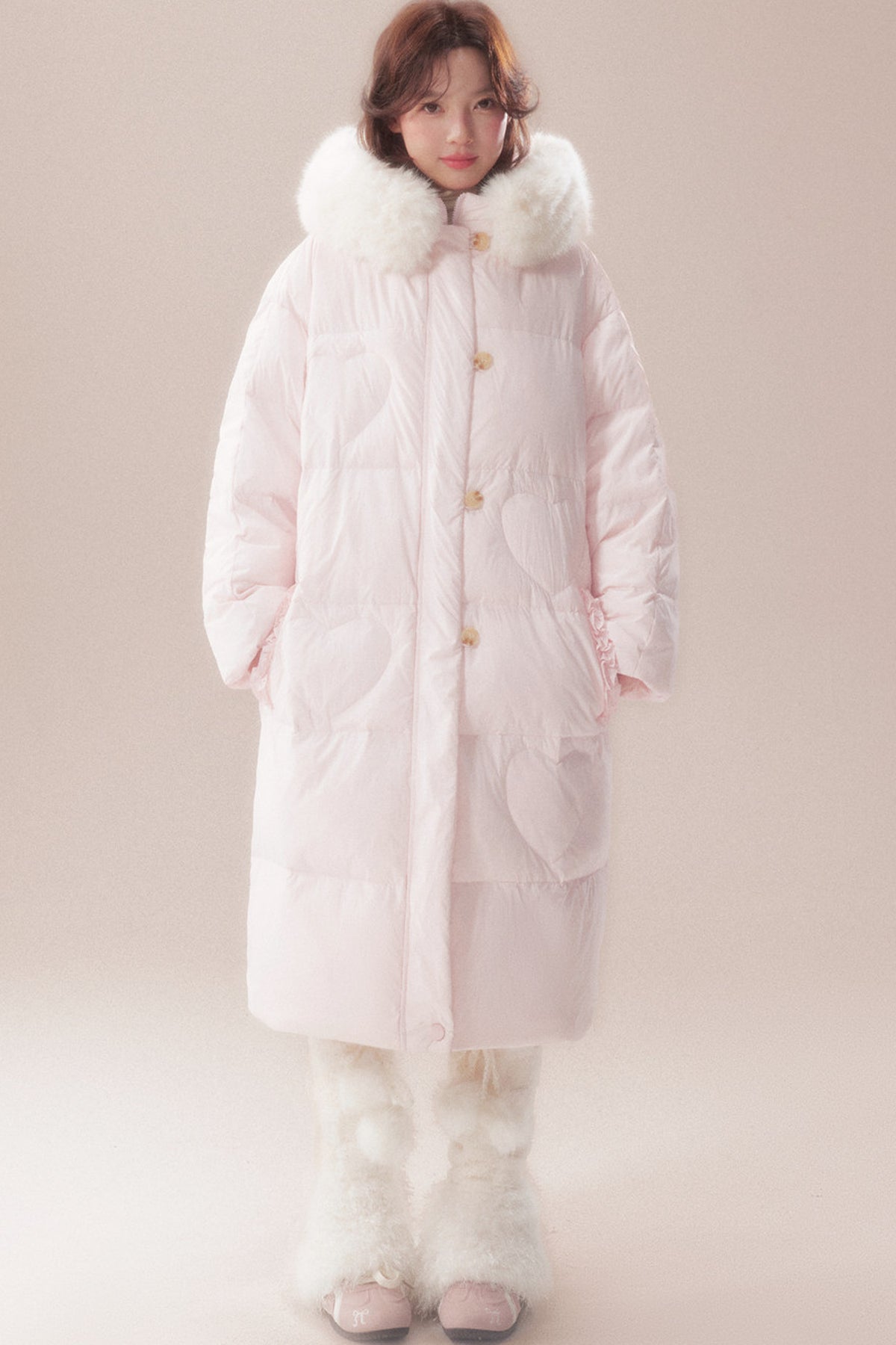 Long Heart Quilted Fur Collar Down Coat