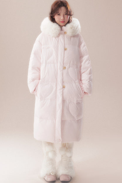 Long Heart Quilted Fur Collar Down Coat