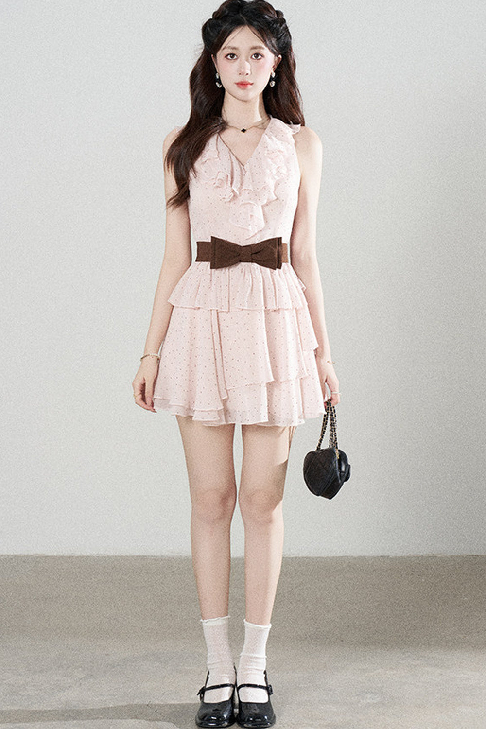 Ruffled V-Neck Pink Polka Dot Tiered Dress