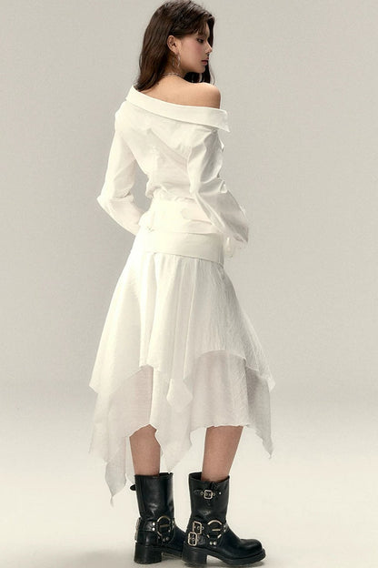 Asymmetrical Off-Shoulder Washed Shirt Set-Up