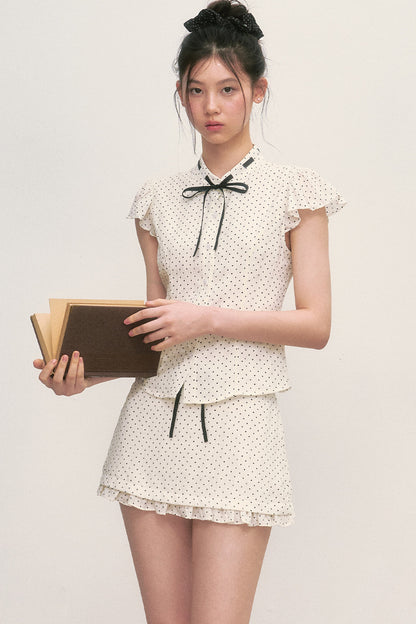 Polka Dot Tie Neck Short-Sleeved Shirt and Skirt Set-Up
