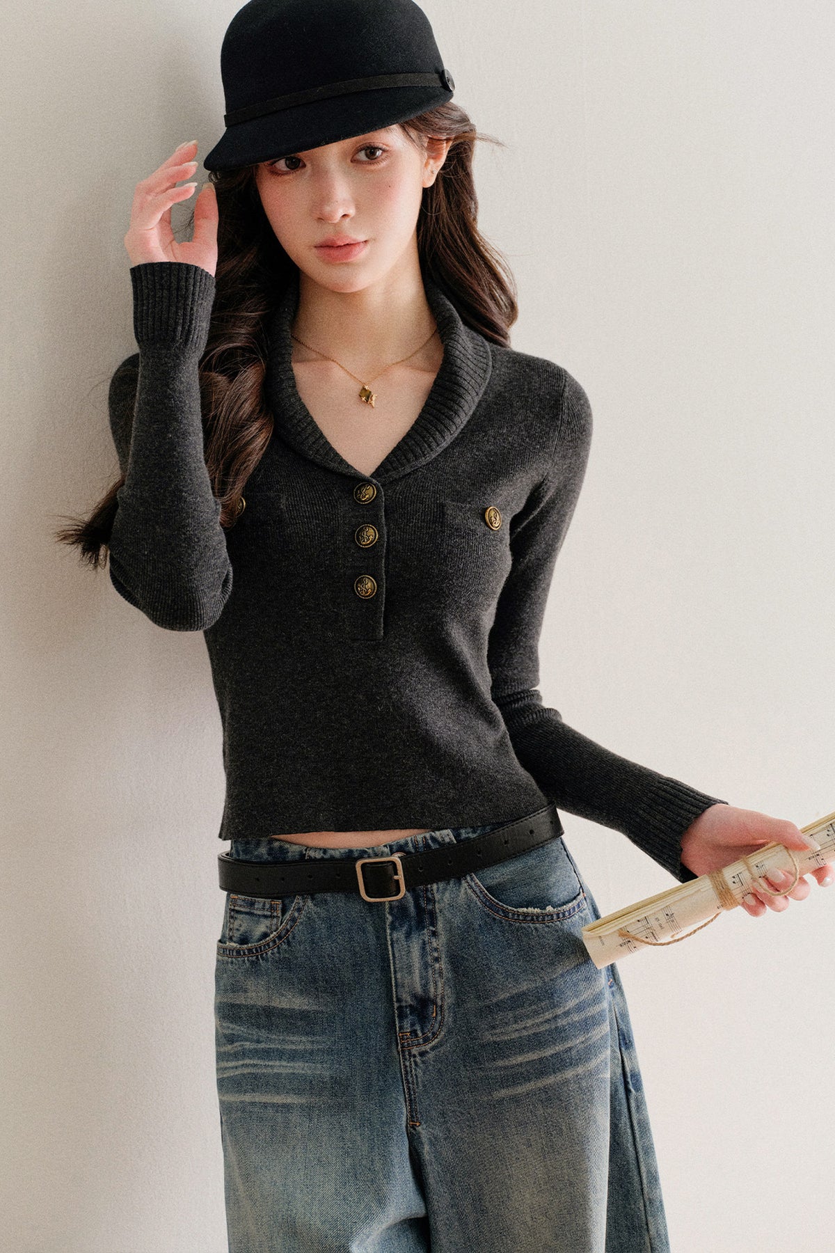 Half-Button Shawl Collar Wool-Blend Knit Sweater