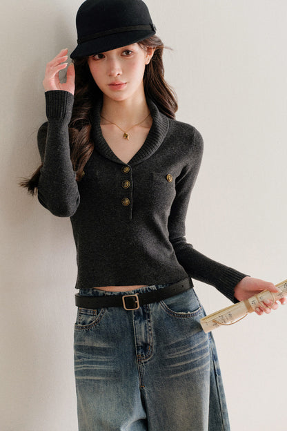 Half-Button Shawl Collar Wool-Blend Knit Sweater
