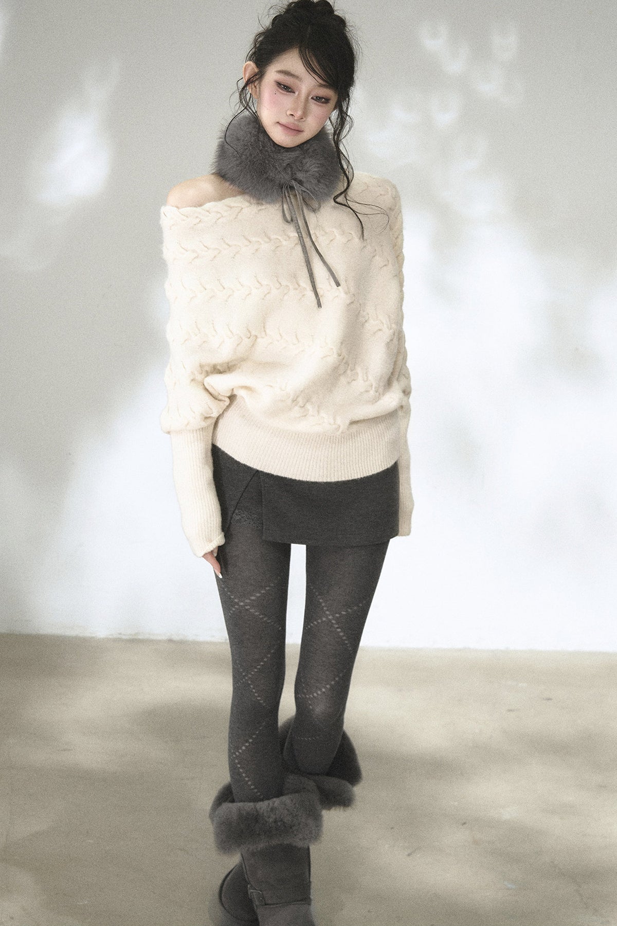 Diagonal Cable Knit Off-Shoulder Sweater