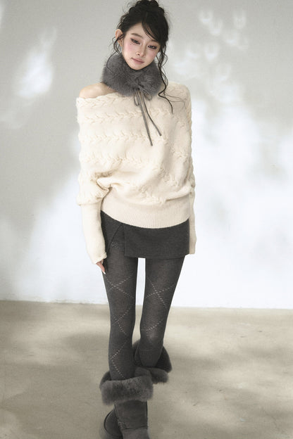 Diagonal Cable Knit Off-Shoulder Sweater