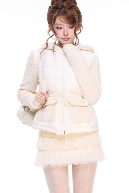 Hooded Drawstring Down Jacket and Mesh Woolen Skirt Set-Up