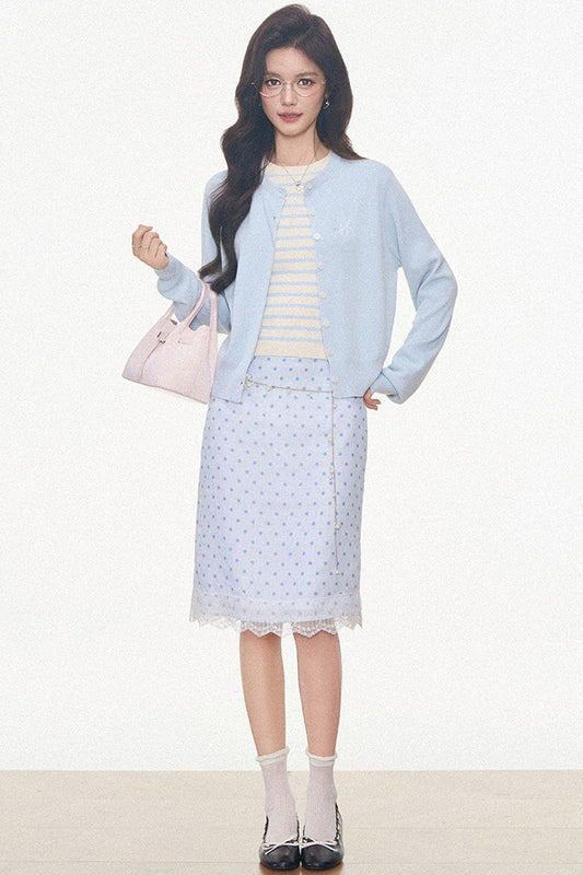 Light Blue Knitted Cardigan and Polka Dot Midi Skirt Set-Up