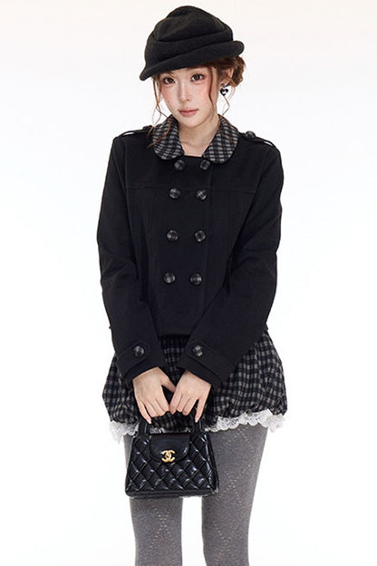 Spliced Color-Blocked Woolen Coat Set-Up