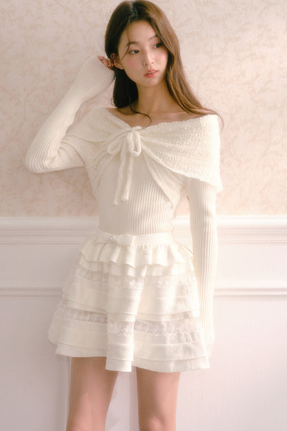 Off-Shoulder Bow Cut-Out Knit Top