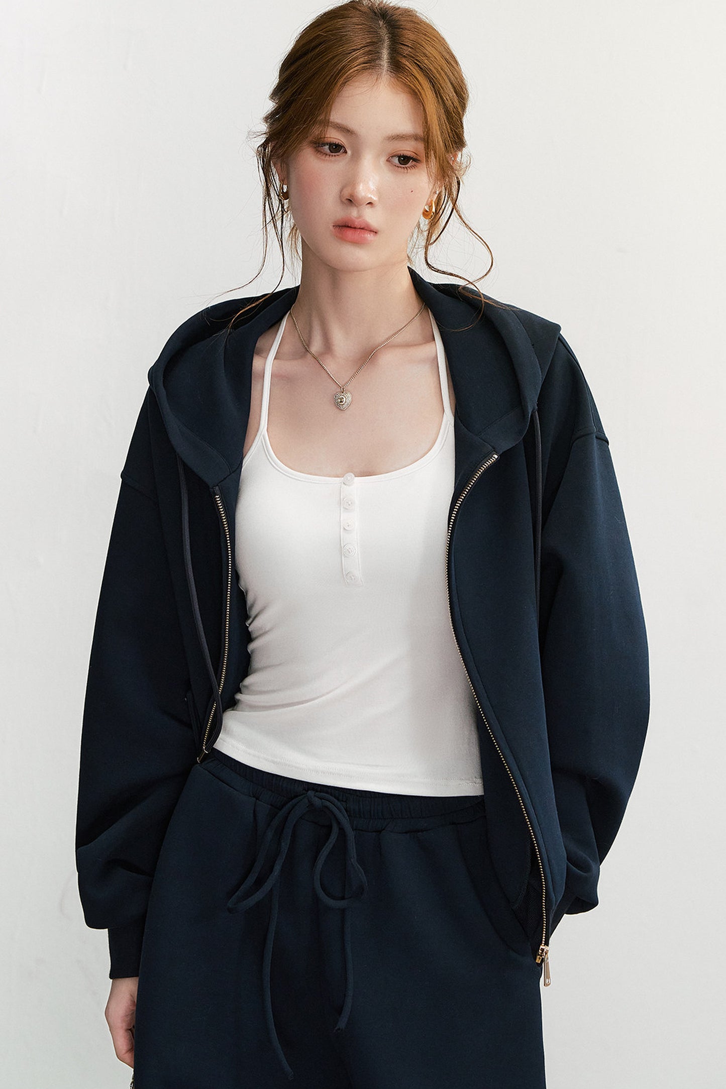 Embroidered Hooded Cardigan Sweatshirt and Wide-Leg Pants Set-Up