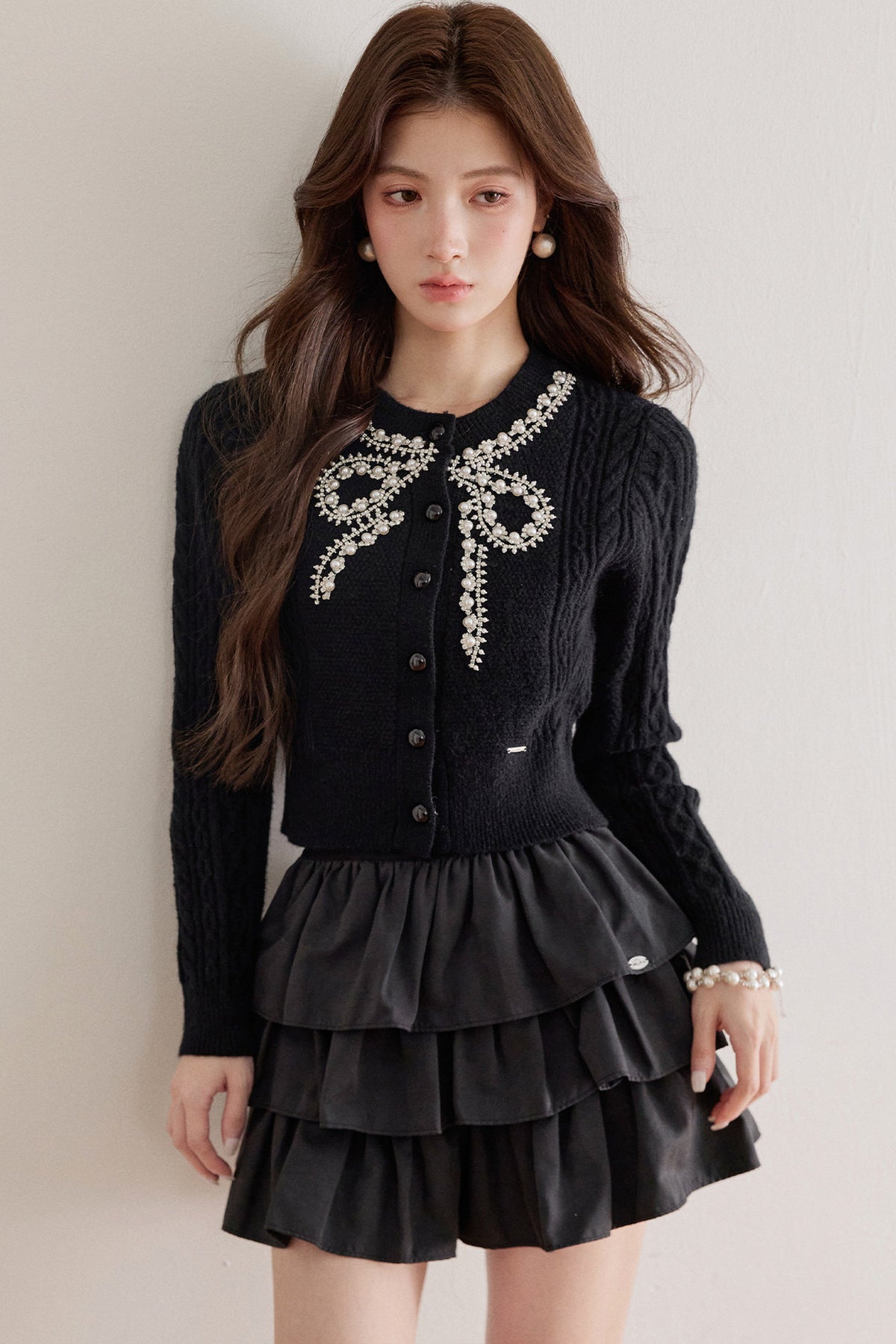 Rhinestone Pearl Bow Merino Cardigan Top