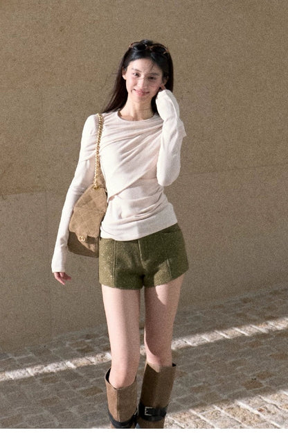 Gold Thread Wool Blend High-Waisted Shorts