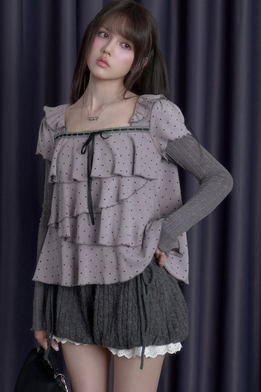 Long-Sleeved Gray-Purple Cake-Style Knit Top