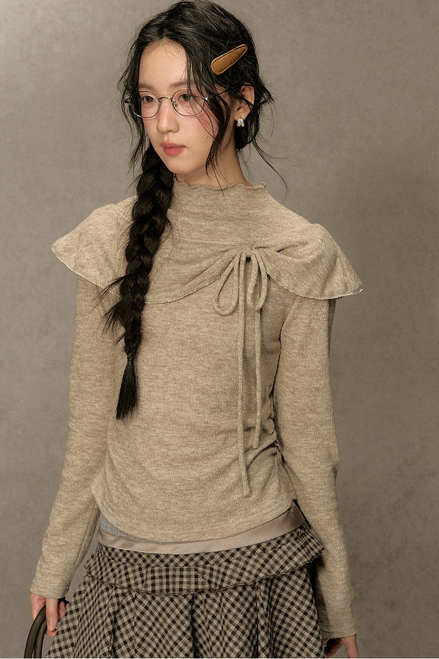 Bowknot Cape Collar Long Sleeve Top