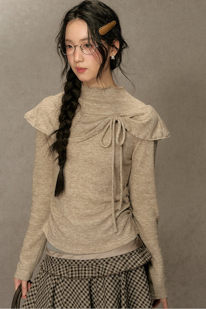 Bowknot Cape Collar Long Sleeve Top