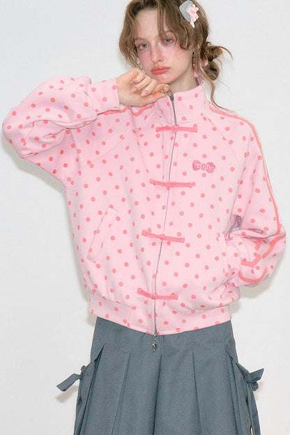 Pink Polka Dot Zipper Sweatshirt Jacket
