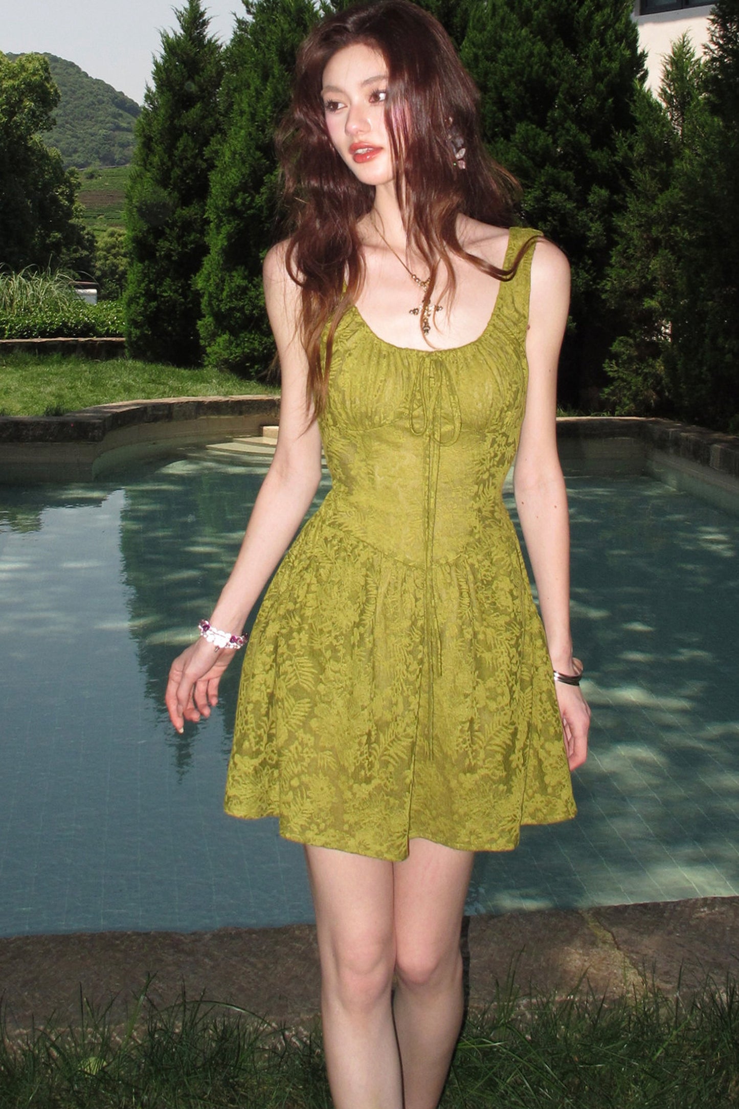 Moss Green Sleeveless Lace Dress