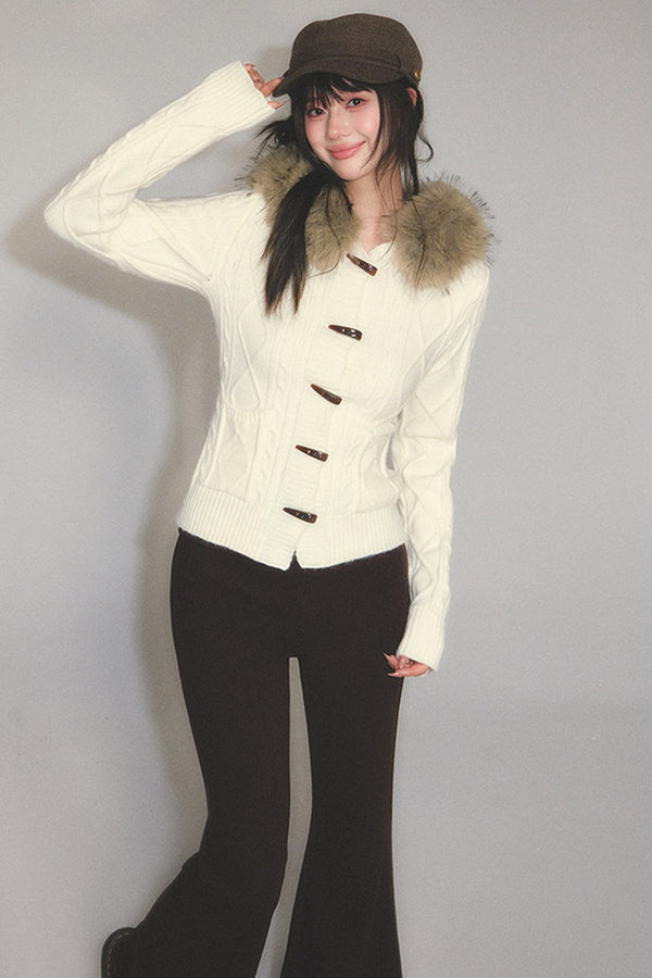 Retro Horn Button Fur Collar Knitted Cardigan