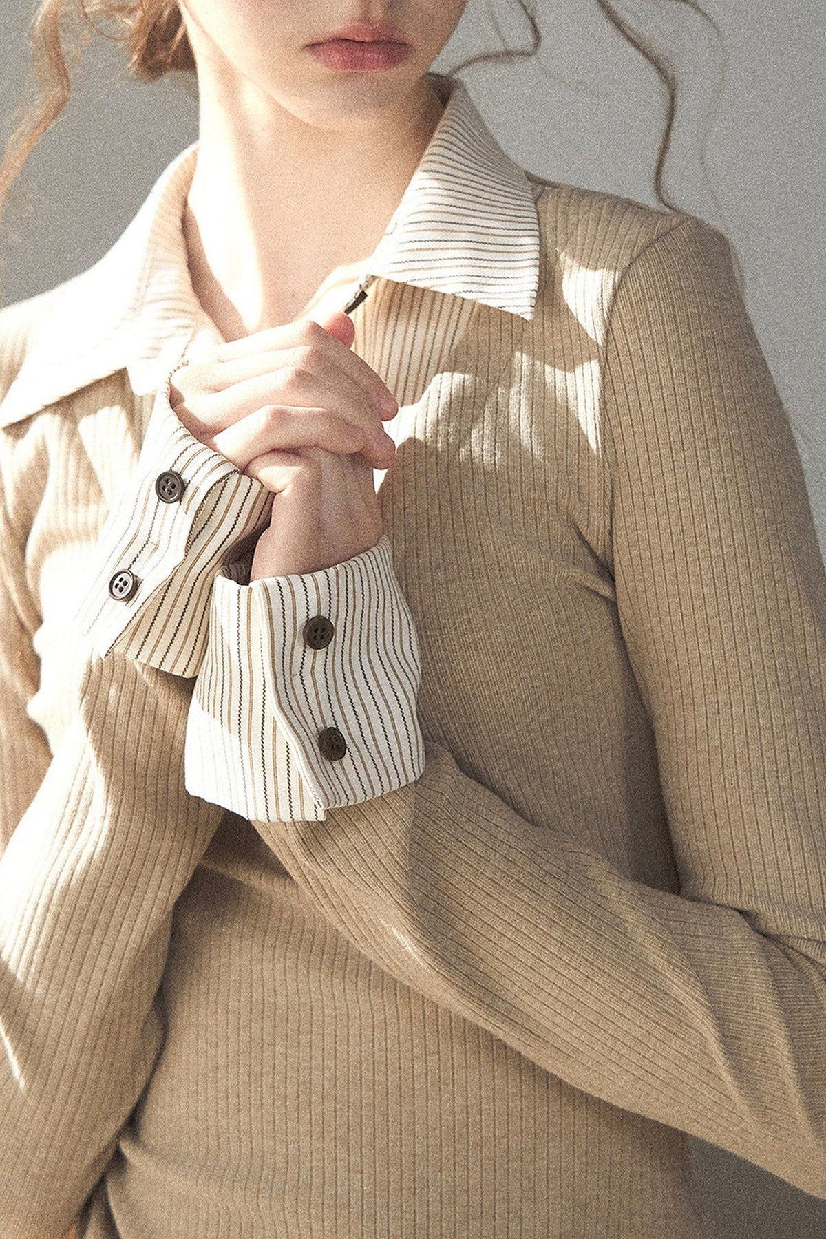 Layered-Look Polo Collar Striped Knit T-Shirt