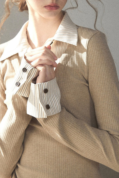 Layered-Look Polo Collar Striped Knit T-Shirt