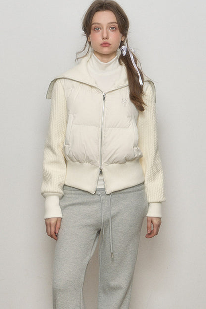 White Sailor Collar Sweater Sleeve Spliced Short Down Jacket