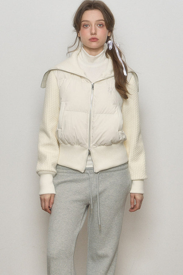 White Sailor Collar Sweater Sleeve Spliced Short Down Jacket