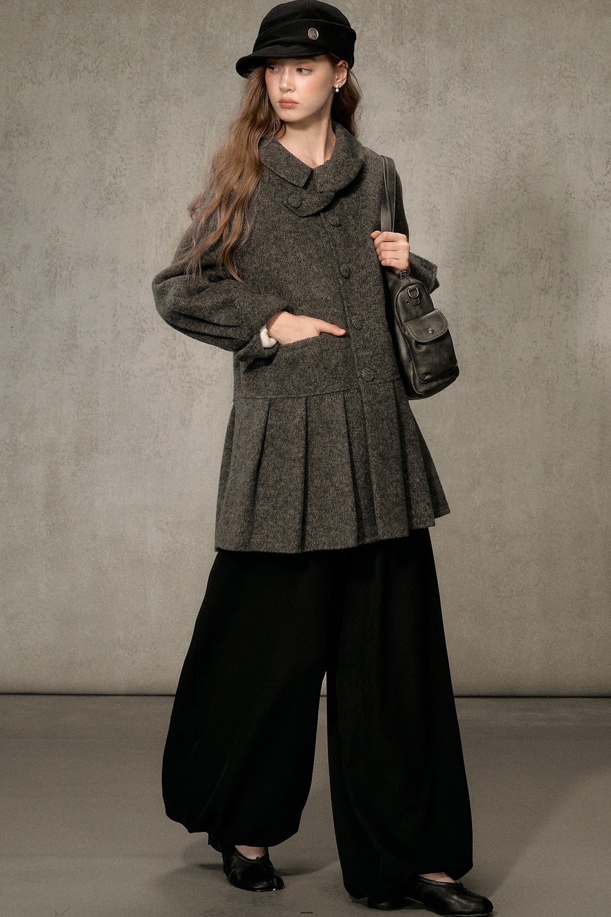 70% Wool Blend Double-Sided Pleated Coat