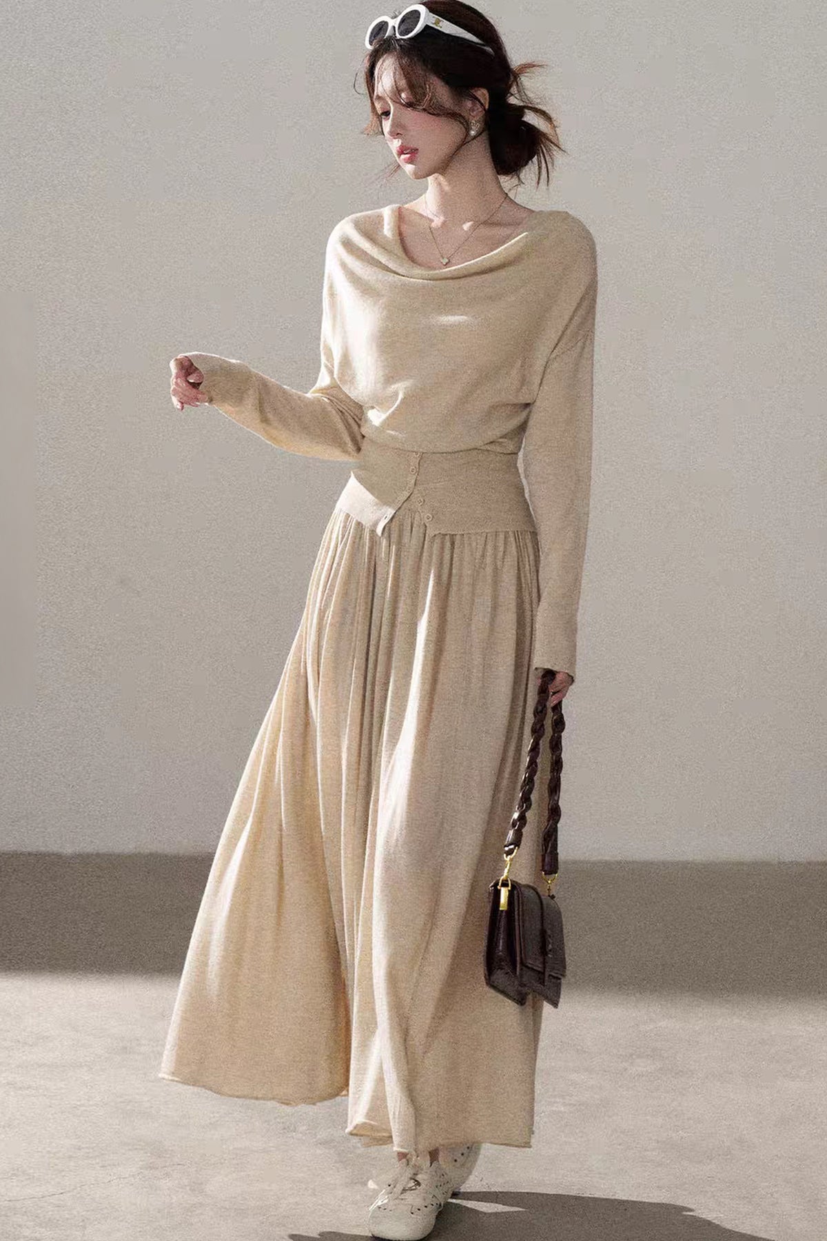 Three-Way Drape Collar Knit Shawl and Skirt Set