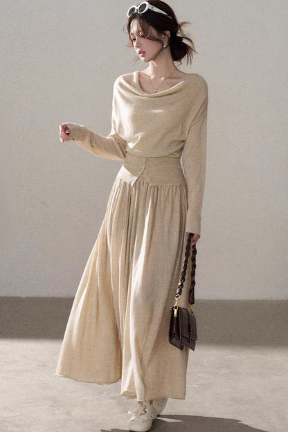 Three-Way Drape Collar Knit Shawl and Skirt Set
