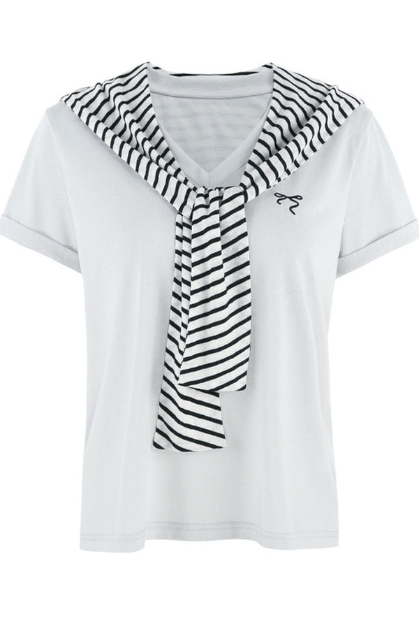 Loose Short-Sleeved Striped Shawl T-Shirt and Denim Skirt Set-Up
