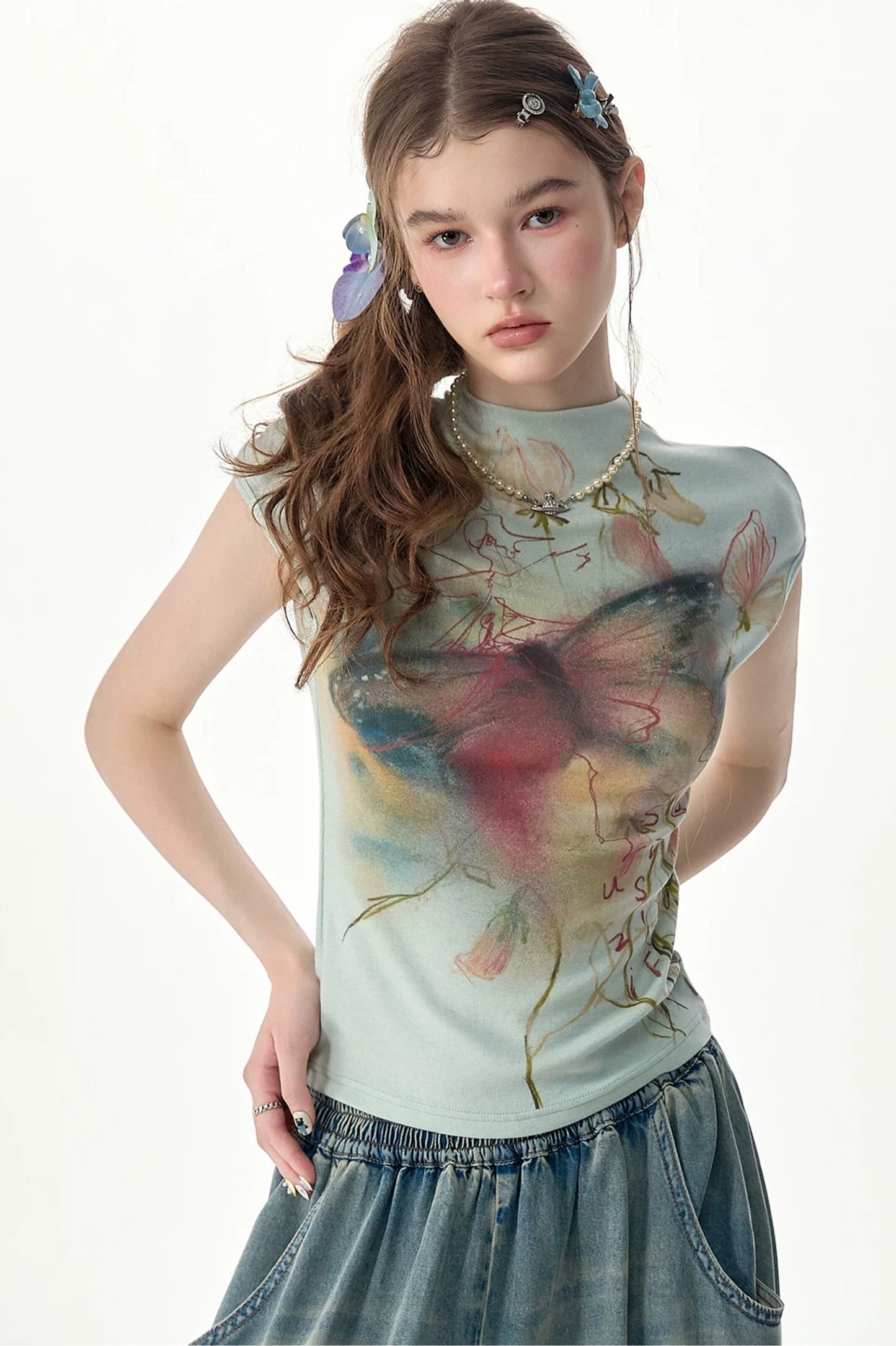 Watercolor Butterfly Print Short Sleeve Top