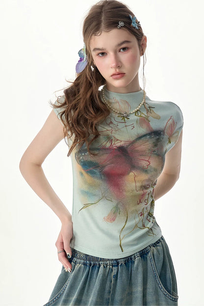 Watercolor Butterfly Print Short Sleeve Top
