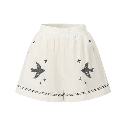 Bird Embroidered Cotton Linen Cardigan Set-Up