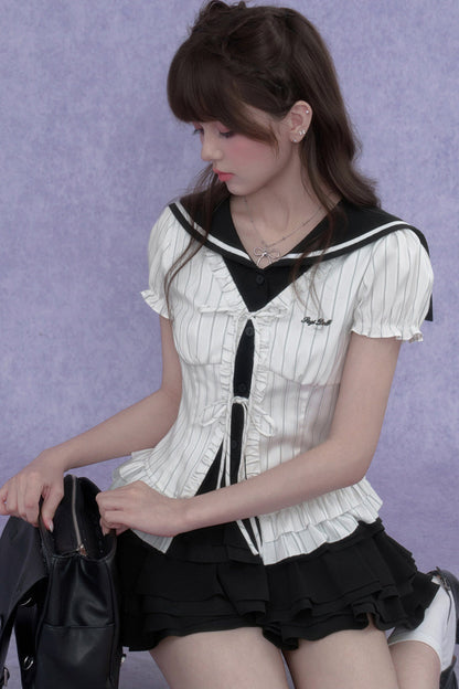 White Sailor-Collar Striped Top