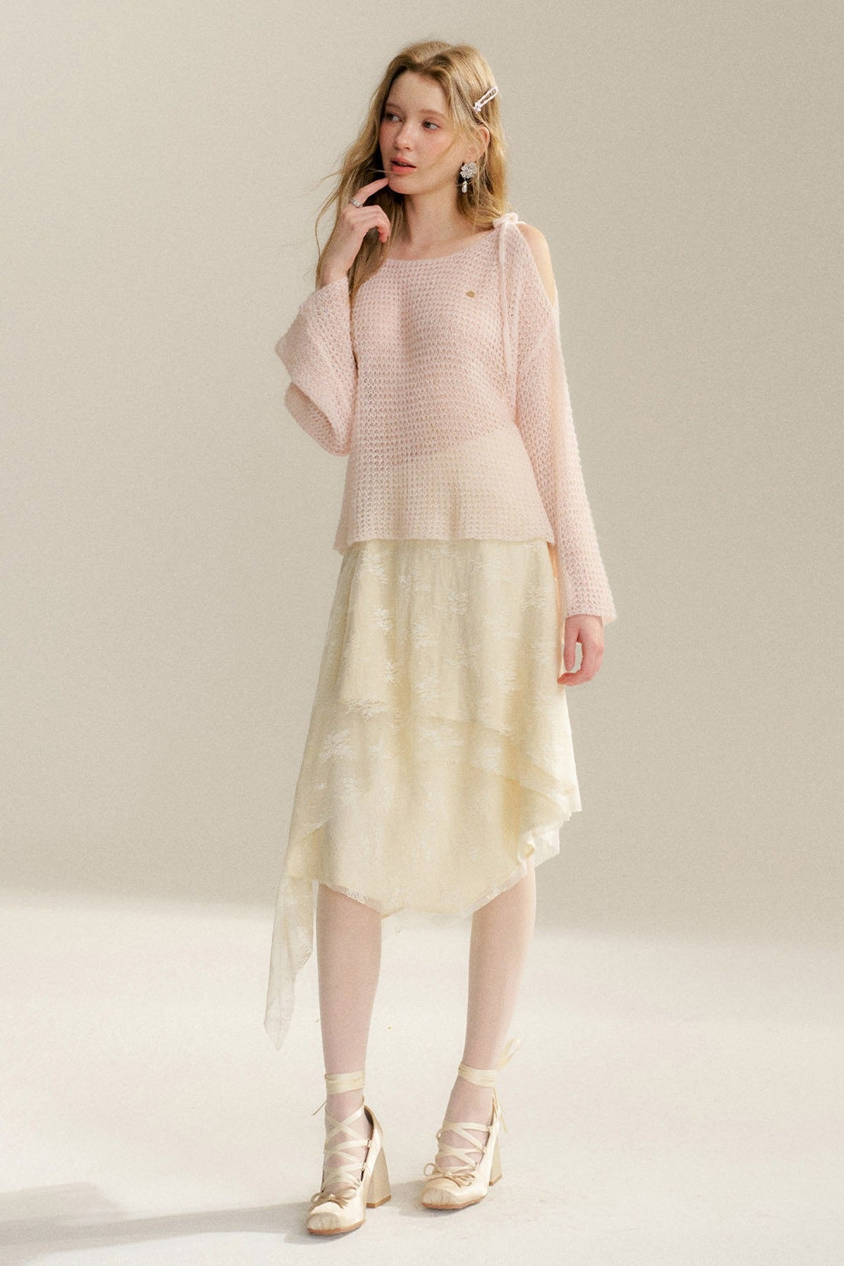 Lace-Up Off-Shoulder Knit Sweater