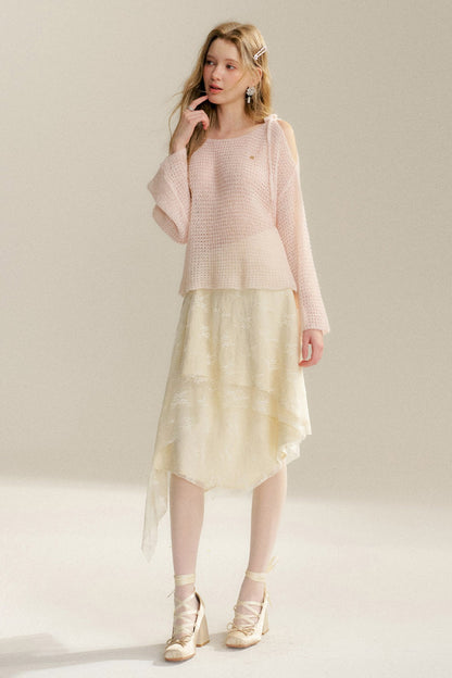 Lace-Up Off-Shoulder Knit Sweater